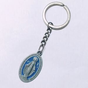 Blue Enamel and Silvertone Miraculous Medal Key Chain